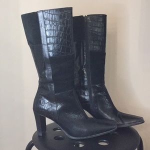Multi-Patterned Black Heeled Boots
